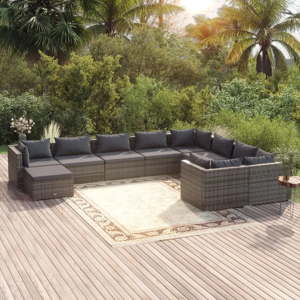 vidaXL 10 Piece Garden Lounge Set with Cushions Poly Rattan Gray - Garden Lounge Set
