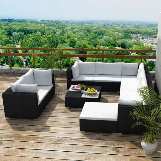 vidaXL 10 Piece Patio Lounge Set with Cushions Poly Rattan Black - Patio Lounge Set