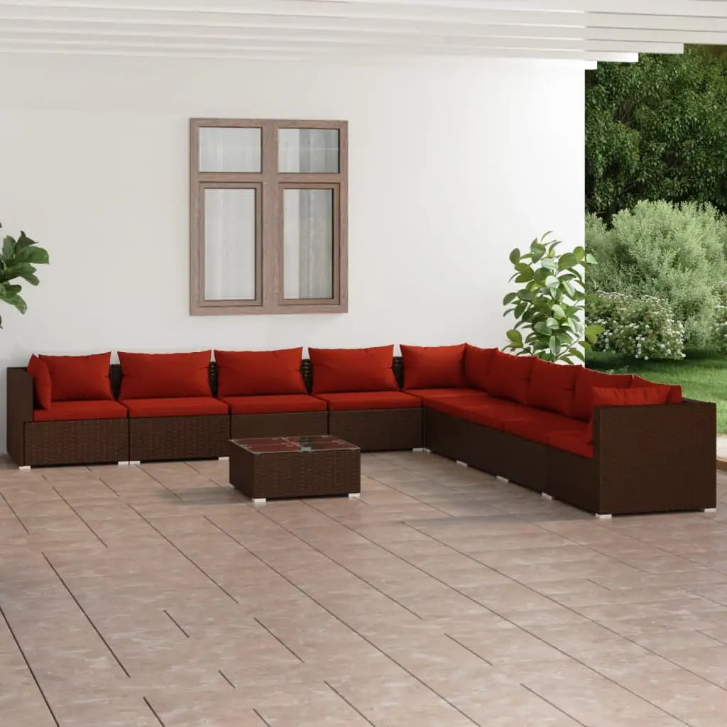 vidaXL 10 Piece Patio Lounge Set with Cushions Poly Rattan Brown - Patio Furniture Set