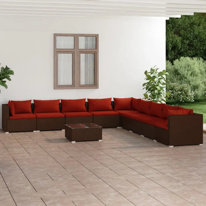 vidaXL 10 Piece Patio Lounge Set with Cushions Poly Rattan Brown - Patio Furniture Set