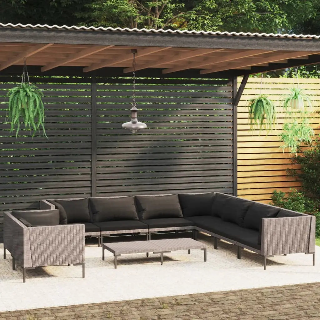 vidaXL 10 Piece Patio Lounge Set with Cushions Poly Rattan Dark Gray - Patio Lounge Set