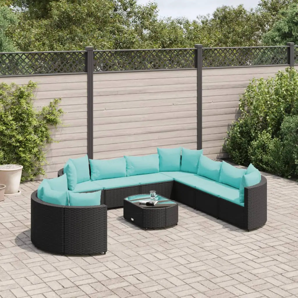 vidaXL 10 Piece Patio Sofa Set with Cushions Black Poly Rattan - Black and blue / 10 piece - Outdoor Furniture Set