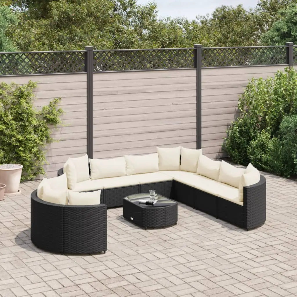 vidaXL 10 Piece Patio Sofa Set with Cushions Black Poly Rattan - Black and cream / 10 piece - Outdoor Furniture Set