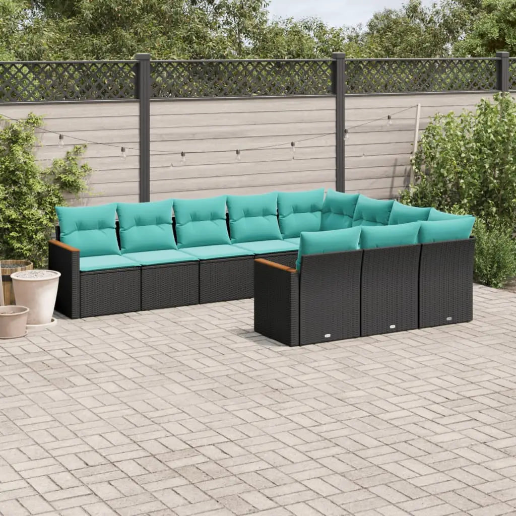 vidaXL 10 Piece Patio Sofa Set with Cushions Black Poly Rattan - Furniture > Outdoor Furniture > Outdoor Furniture Sets