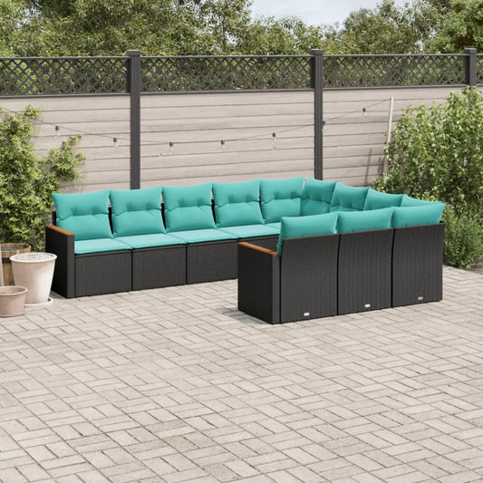 vidaXL 10 Piece Patio Sofa Set with Cushions Black Poly Rattan - Furniture > Outdoor Furniture > Outdoor Furniture Sets