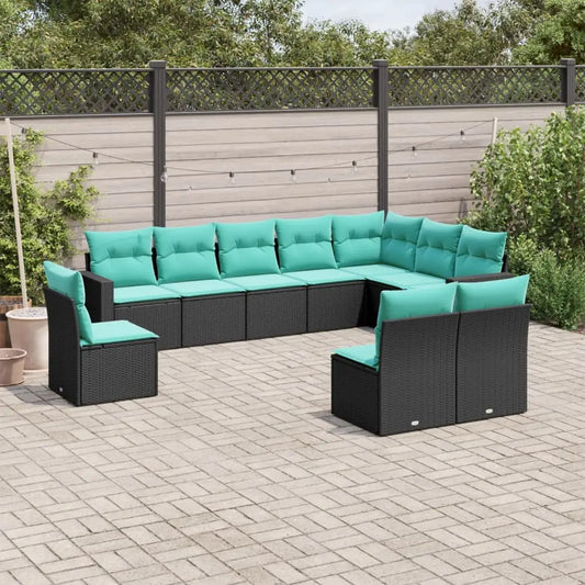 vidaXL 10 Piece Patio Sofa Set with Cushions Black Poly Rattan - Sofa Set