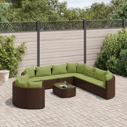 vidaXL 10 Piece Patio Sofa Set with Cushions Black Poly Rattan - Brown and green / 10 piece - Outdoor Furniture Set