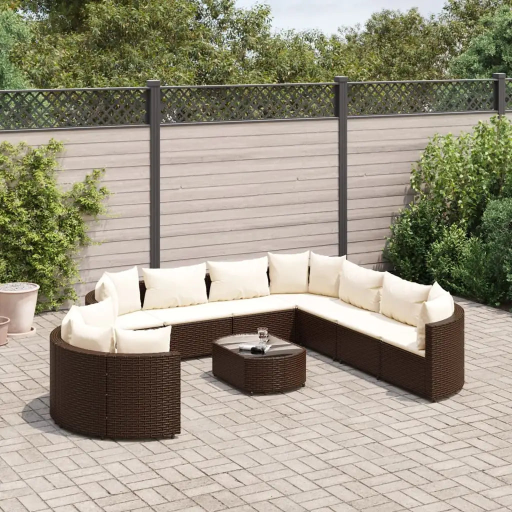 vidaXL 10 Piece Patio Sofa Set with Cushions Black Poly Rattan - Brown and cream / 10 piece - Outdoor Furniture Set