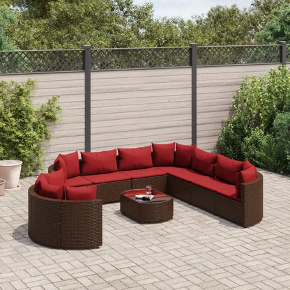 vidaXL 10 Piece Patio Sofa Set with Cushions Black Poly Rattan - Brown and red / 10 piece - Outdoor Furniture Set