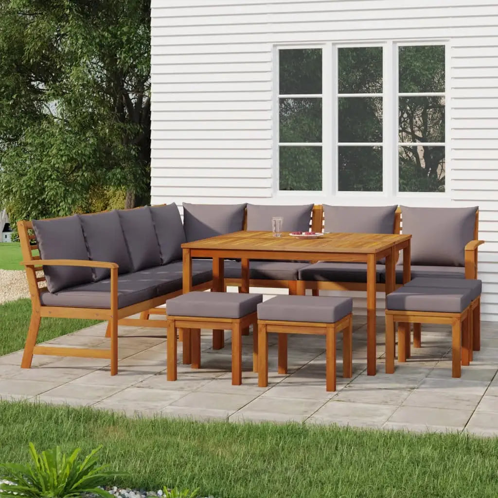 vidaXL 11 Piece Patio Dining Set with Cushions Solid Wood Acacia - Dining Set