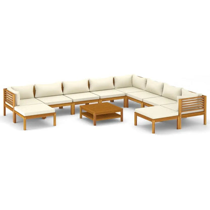 vidaXL 11 Piece Patio Lounge Set with Cream Cushion Solid Acacia Wood - Patio Lounge Set