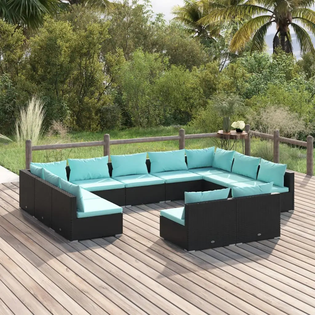 vidaXL 11 Piece Patio Lounge Set with Cushions Black Poly Rattan - Lounge Set