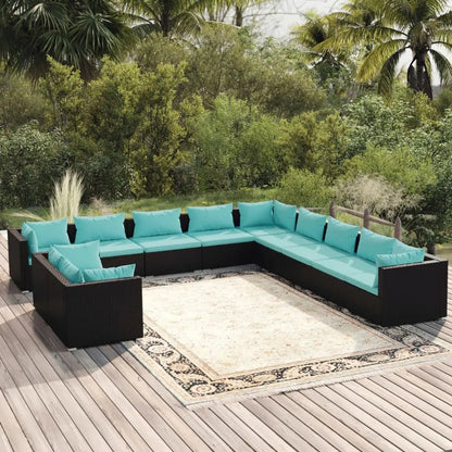 vidaXL 11 Piece Patio Lounge Set with Cushions Black Poly Rattan - Furniture > Outdoor Furniture > Outdoor Furniture