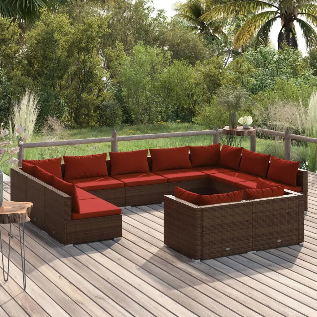 vidaXL 11 Piece Patio Lounge Set with Cushions Brown Poly Rattan - Lounge Set