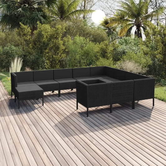 vidaXL 11 Piece Patio Lounge Set with Cushions Poly Rattan Black - Lounge Set