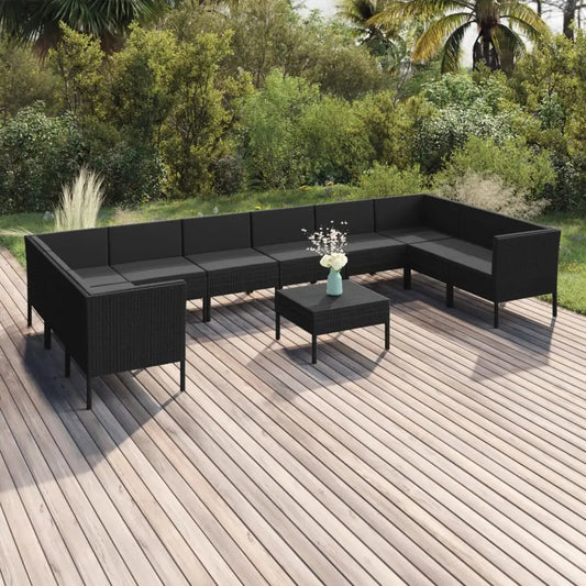 vidaXL 11 Piece Patio Lounge Set with Cushions Poly Rattan Black - Patio Lounge Set