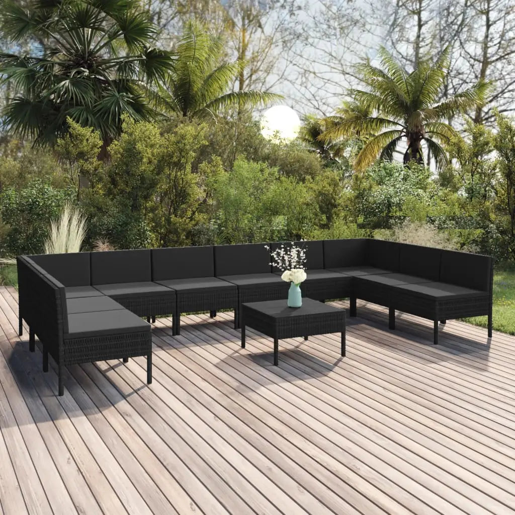 vidaXL 11 Piece Patio Lounge Set with Cushions Poly Rattan Black - Lounge Set