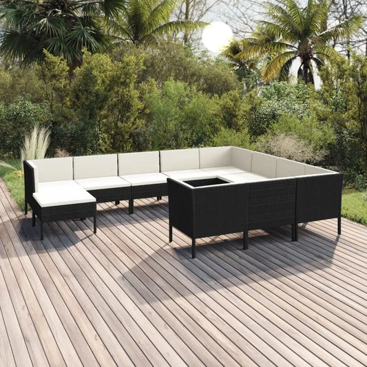 vidaXL 11 Piece Patio Lounge Set with Cushions Poly Rattan Black - Lounge Set
