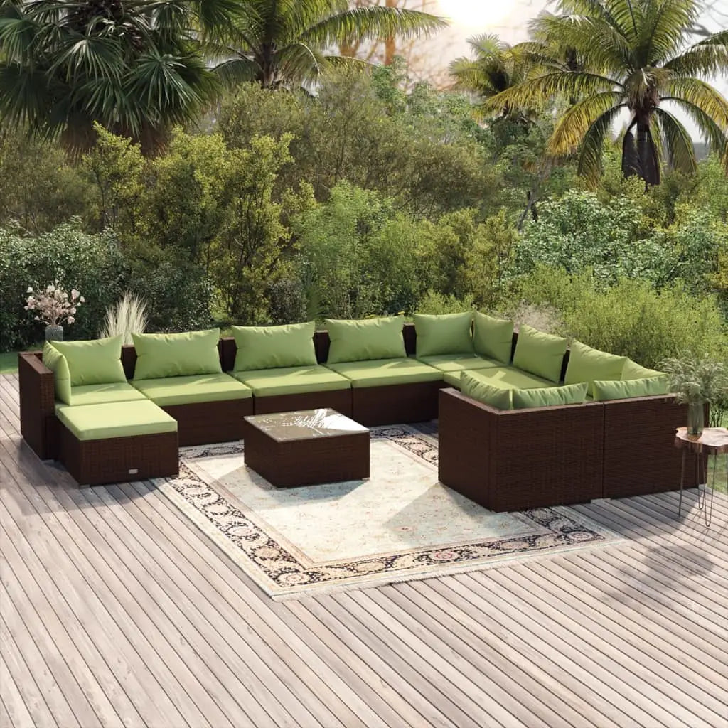 vidaXL 11 Piece Patio Lounge Set with Cushions Poly Rattan Brown - Patio Lounge Set