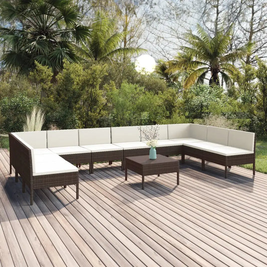 vidaXL 11 Piece Patio Lounge Set with Cushions Poly Rattan Brown - Lounge Set