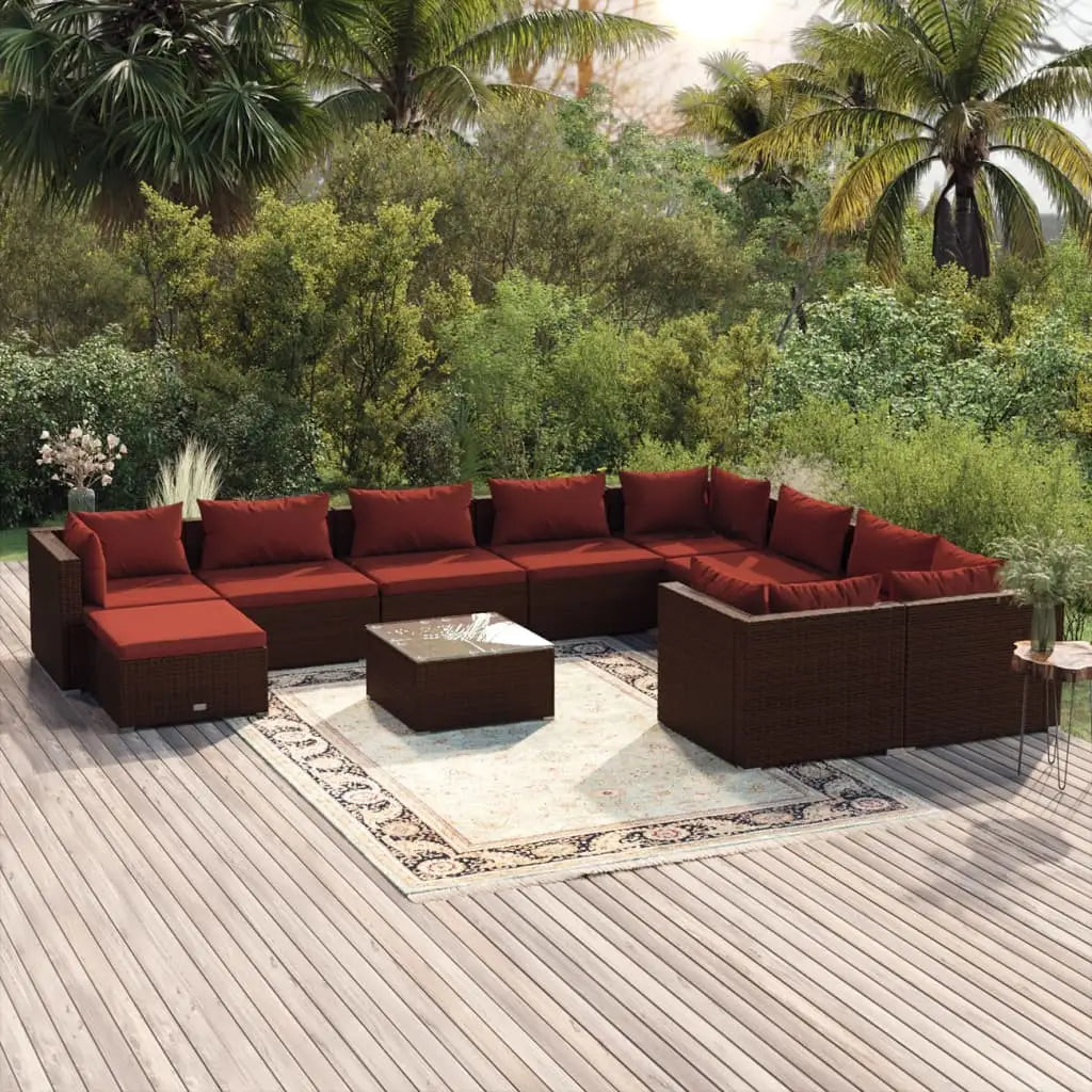 vidaXL 11 Piece Patio Lounge Set with Cushions Poly Rattan Brown - Outdoor Furniture Set