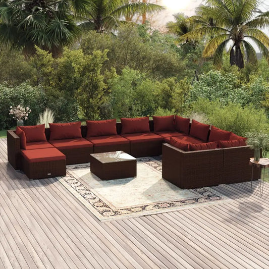 vidaXL 11 Piece Patio Lounge Set with Cushions Poly Rattan Brown - Outdoor Furniture Set