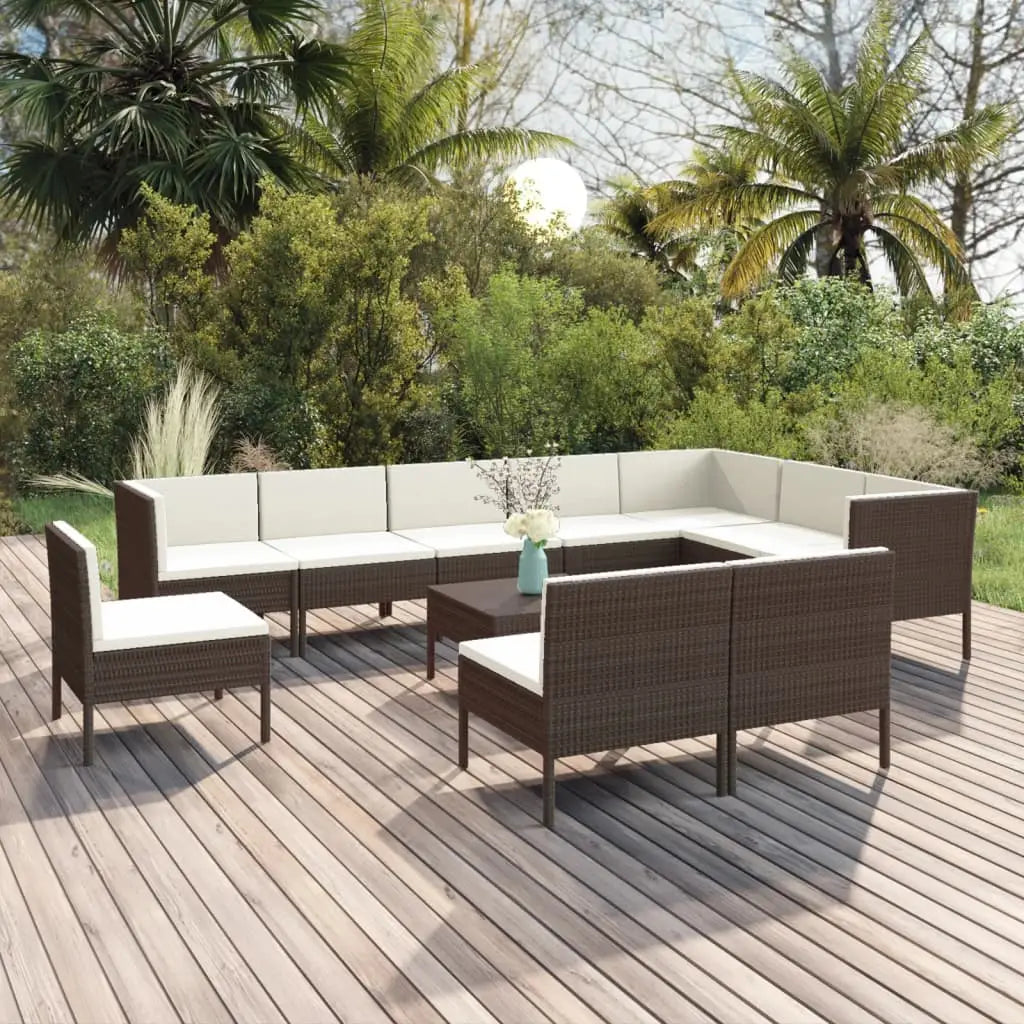 vidaXL 11 Piece Patio Lounge Set with Cushions Poly Rattan Brown - Lounge Set
