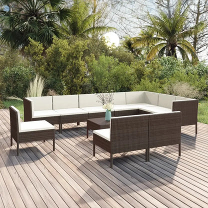 vidaXL 11 Piece Patio Lounge Set with Cushions Poly Rattan Brown - Lounge Set