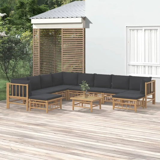 vidaXL 11 Piece Patio Lounge Set with Dark Gray Cushions Bamboo - Lounge Set