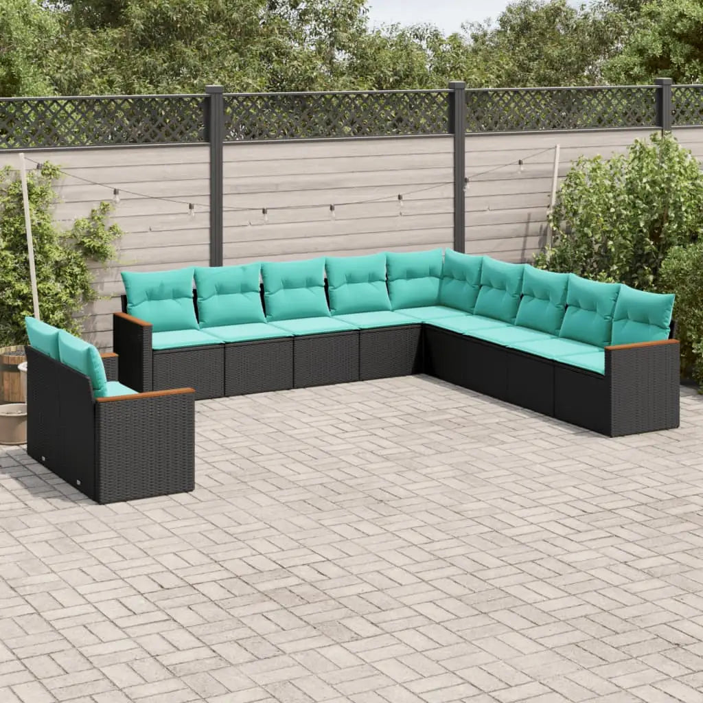 vidaXL 11 Piece Patio Sofa Set with Cushions Black Poly Rattan - Furniture > Outdoor Furniture > Outdoor Furniture Sets