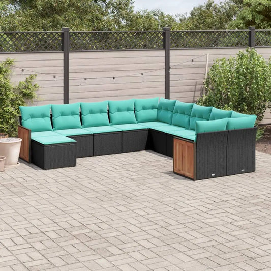 vidaXL 11 Piece Patio Sofa Set with Cushions Black Poly Rattan - Sofa Set