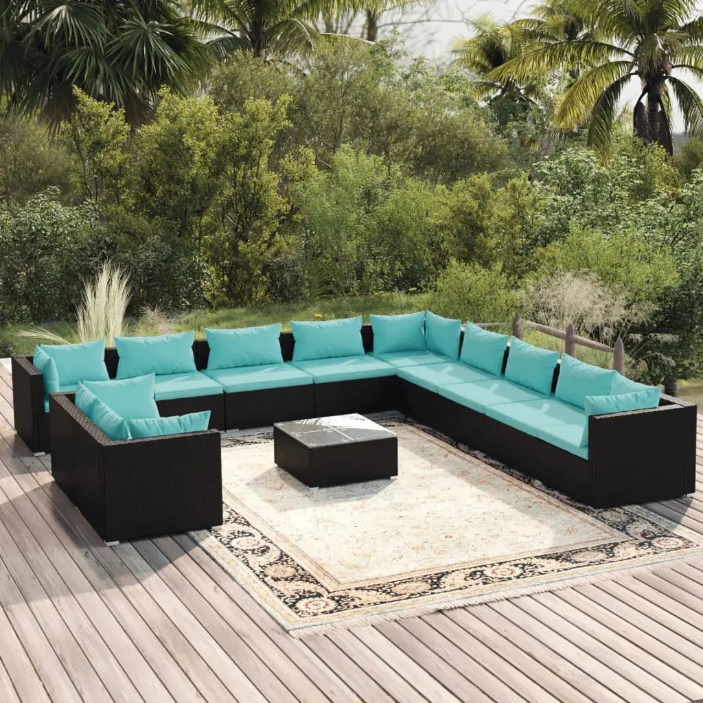 vidaXL 12 Piece Patio Lounge Set with Cushions Black Poly Rattan - Outdoor Furniture Set