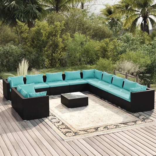 vidaXL 12 Piece Patio Lounge Set with Cushions Black Poly Rattan - Outdoor Furniture Set