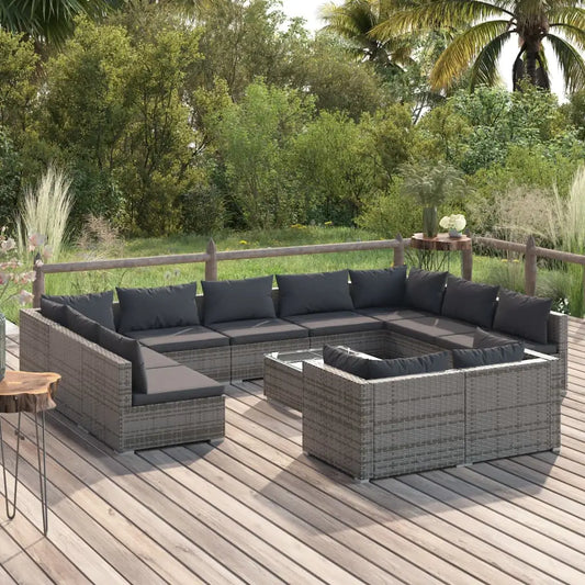 vidaXL 12 Piece Patio Lounge Set with Cushions Gray Poly Rattan - Patio Lounge Set