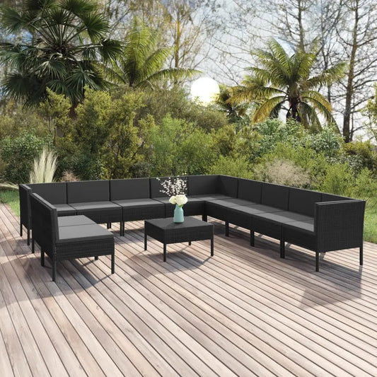 vidaXL 12 Piece Patio Lounge Set with Cushions Poly Rattan Black - Outdoor Furniture Set