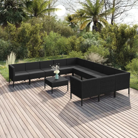 vidaXL 12 Piece Patio Lounge Set with Cushions Poly Rattan Black - Patio Lounge Set