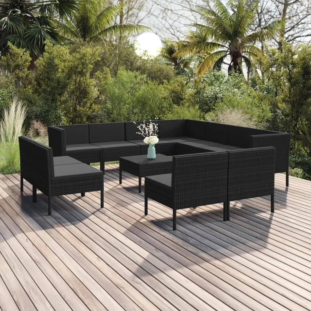 vidaXL 12 Piece Patio Lounge Set with Cushions Poly Rattan Black - Furniture > Outdoor Furniture > Outdoor Furniture