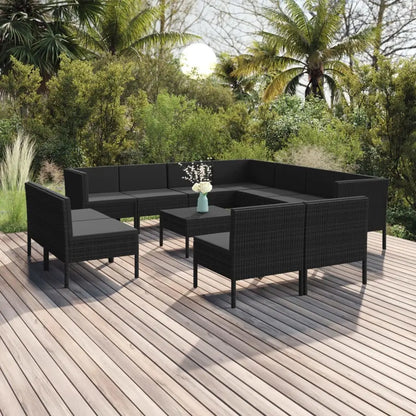 vidaXL 12 Piece Patio Lounge Set with Cushions Poly Rattan Black - Furniture > Outdoor Furniture > Outdoor Furniture