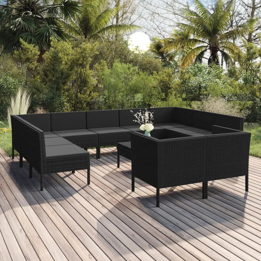 vidaXL 12 Piece Patio Lounge Set with Cushions Poly Rattan Black - Lounge Set