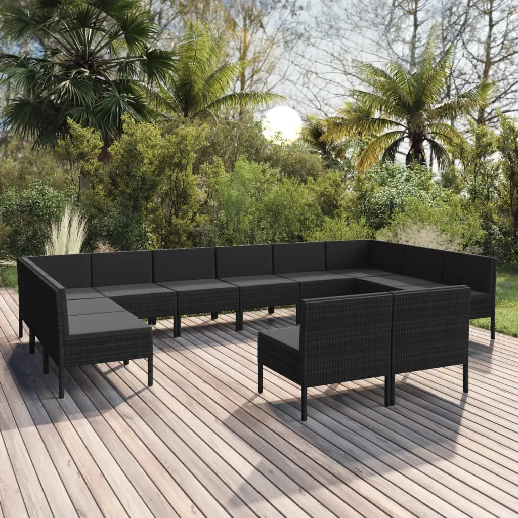 vidaXL 12 Piece Patio Lounge Set with Cushions Poly Rattan Black - Outdoor Furniture Set