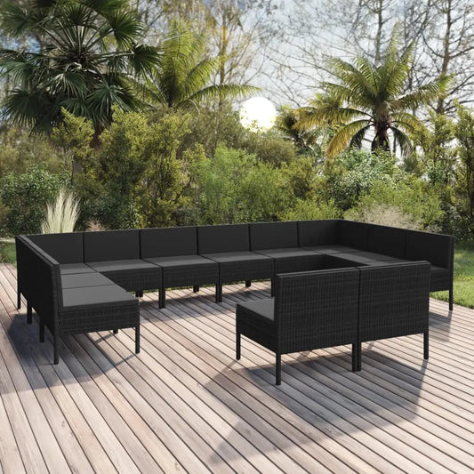 vidaXL 12 Piece Patio Lounge Set with Cushions Poly Rattan Black - Outdoor Furniture Set