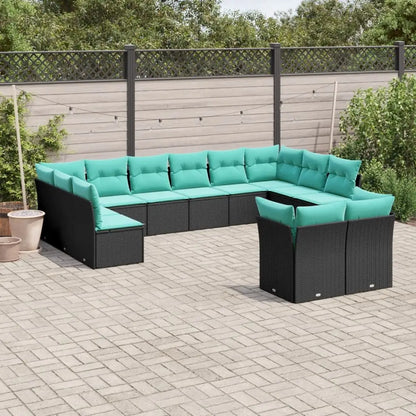vidaXL 12 Piece Patio Sofa Set with Cushions Black Poly Rattan - Furniture > Outdoor Furniture > Outdoor Furniture Sets