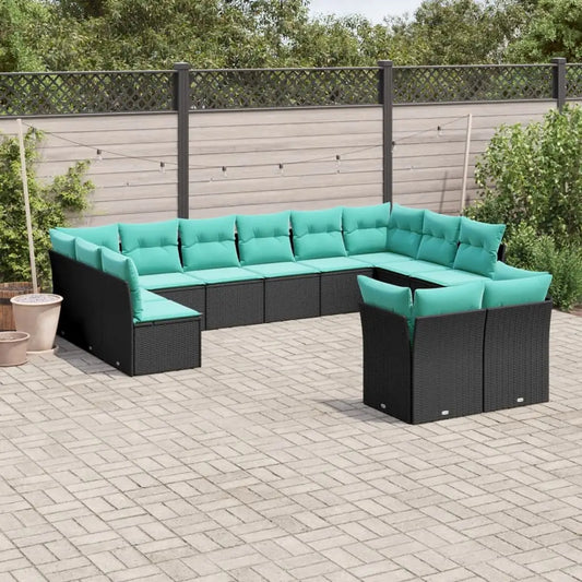 vidaXL 12 Piece Patio Sofa Set with Cushions Black Poly Rattan - Outdoor Furniture Set