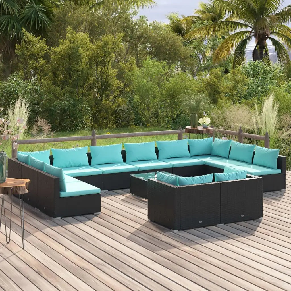 vidaXL 13 Piece Patio Lounge Set with Cushions Black Poly Rattan - Patio Lounge Set