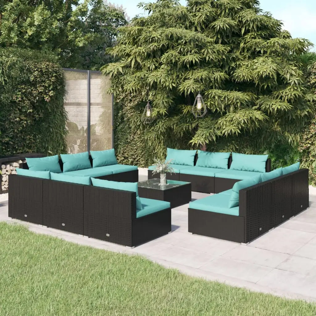vidaXL 13 Piece Patio Lounge Set with Cushions Poly Rattan Black - Lounge Set