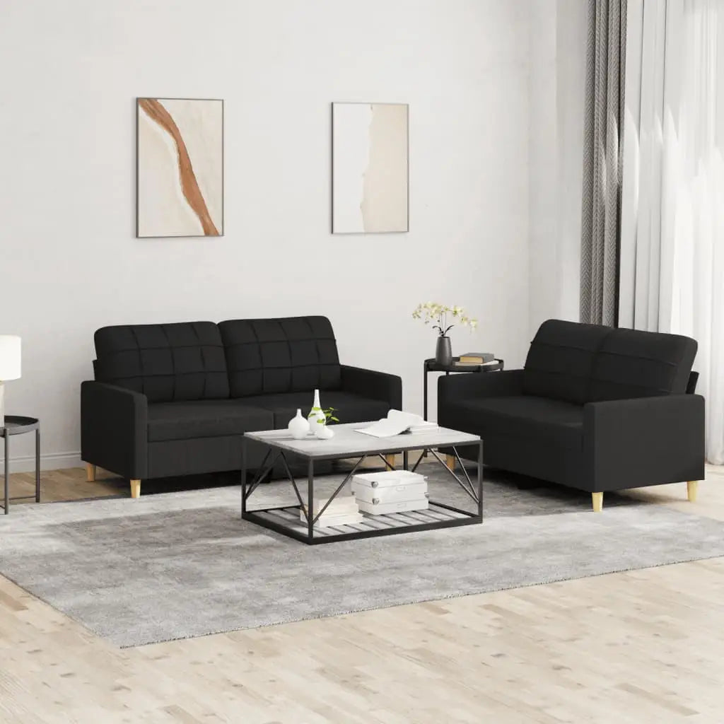 vidaXL 2 Piece Sofa Set with Cushions Black Fabric - Furniture > Sofas