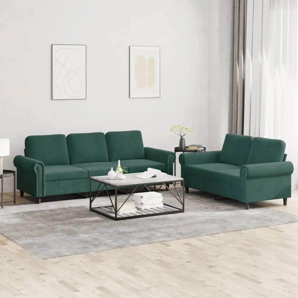 vidaXL 2 Piece Sofa Set with Cushions Dark Green Velvet - Furniture > Sofas