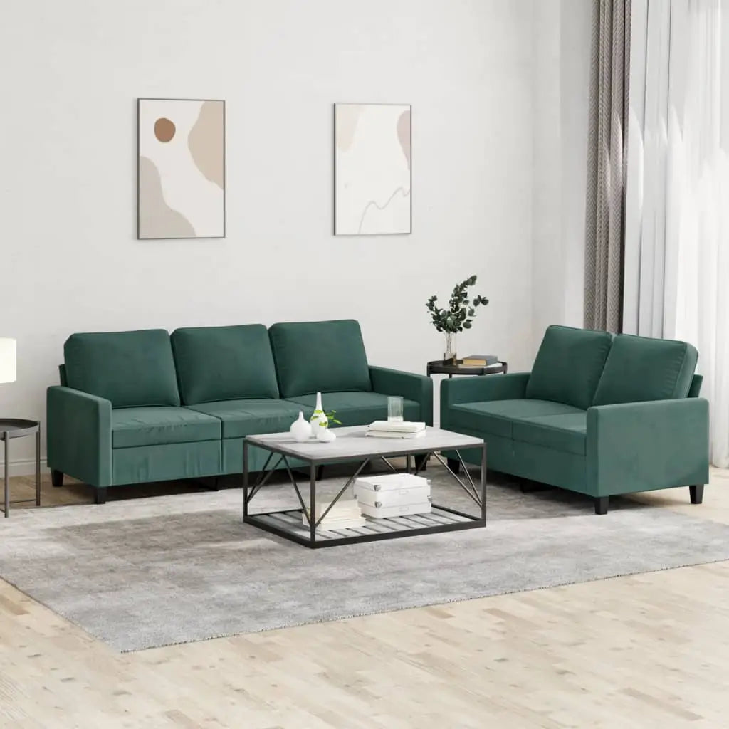 vidaXL 2 Piece Sofa Set with Cushions Dark Green Velvet - Furniture > Sofas