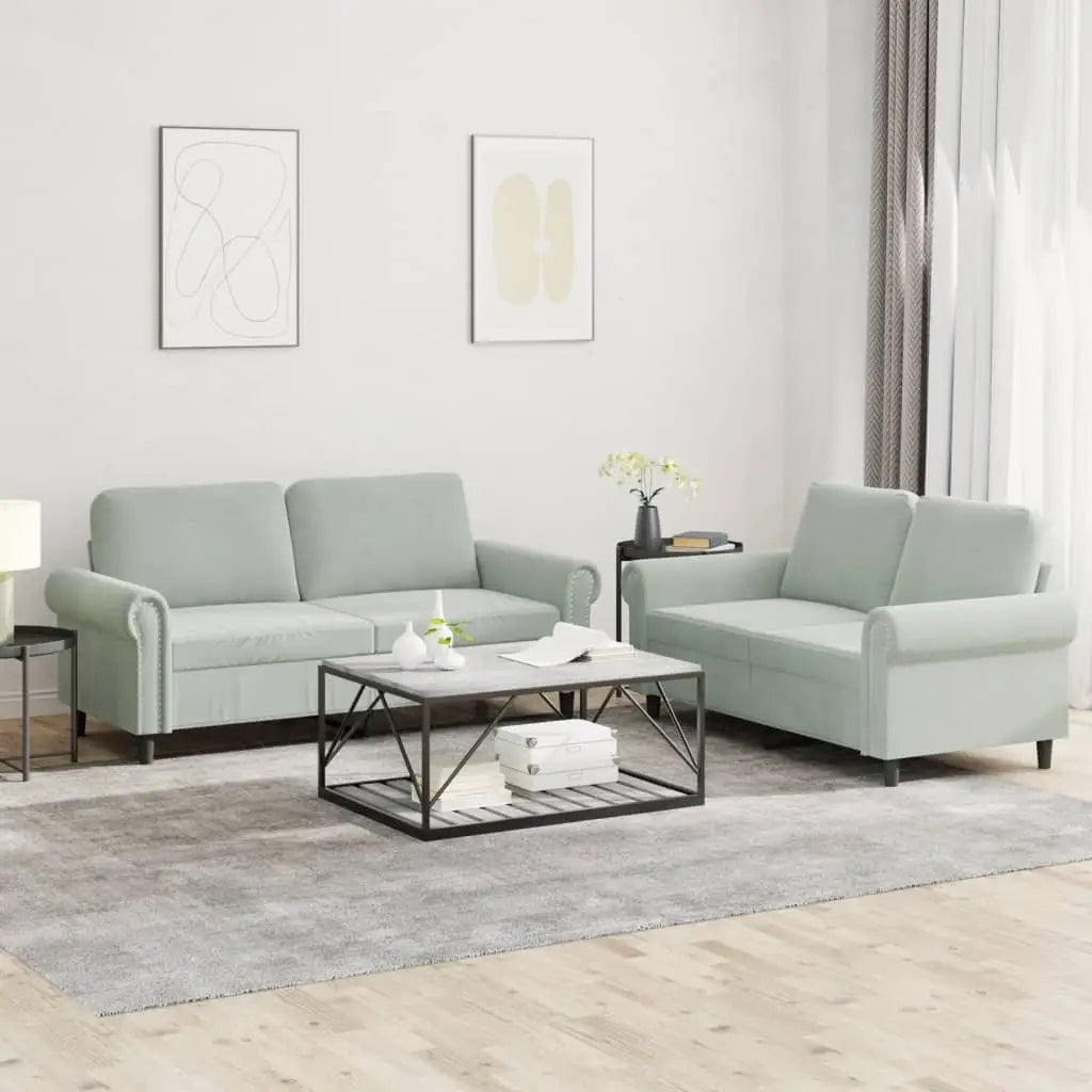 vidaXL 2 Piece Sofa Set with Cushions Light Gray Velvet - Furniture > Sofas