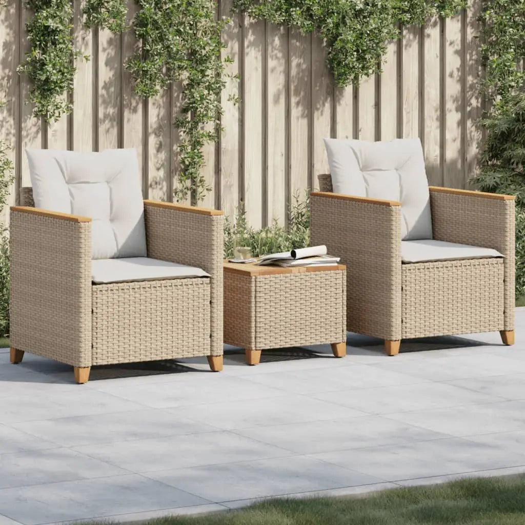 vidaXL 3 Piece Bistro Set with Cushions Beige Poly Rattan Acacia Wood - Bistro Set